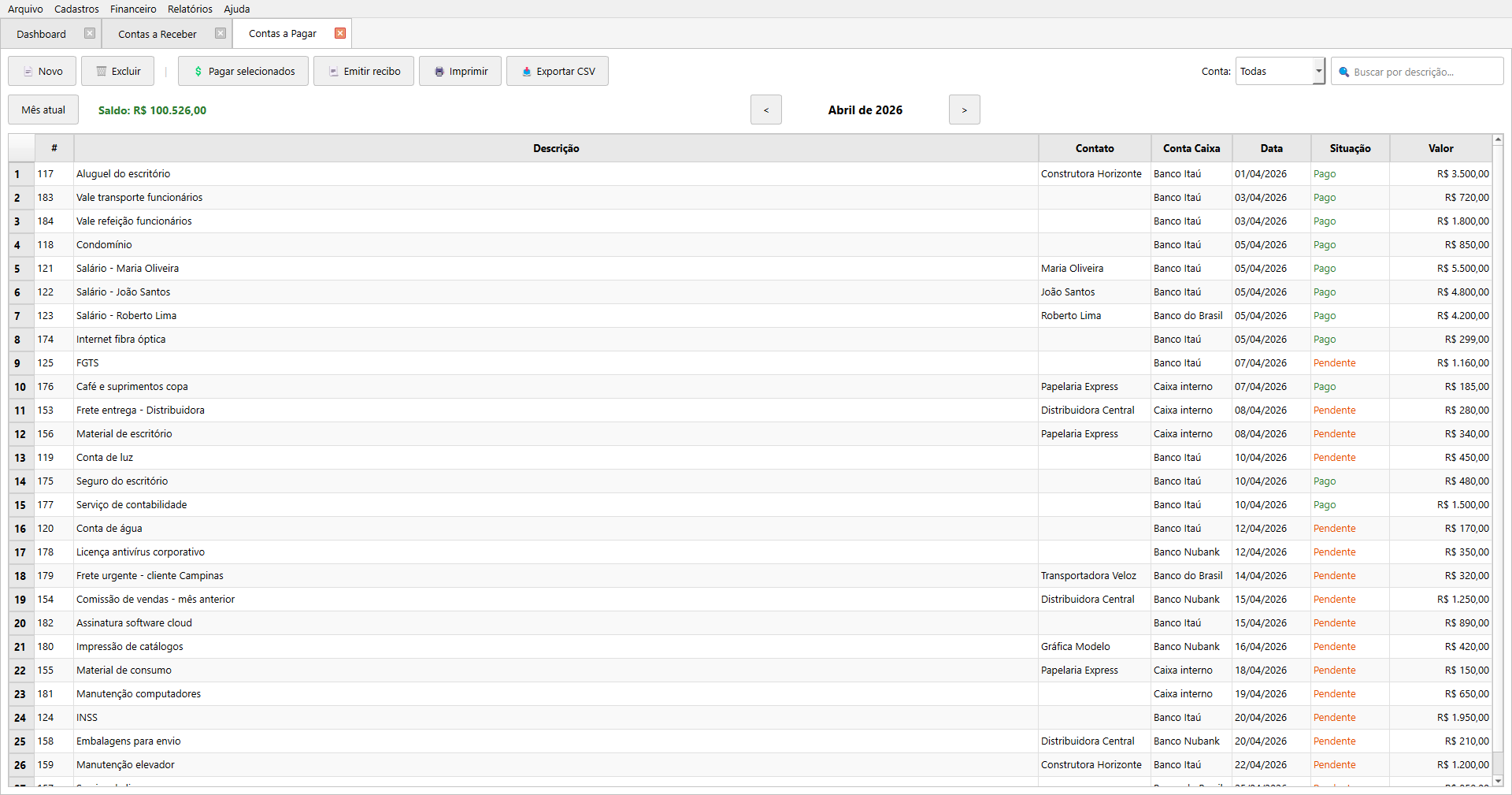 Contas a Pagar - lista de despesas com situação e valores