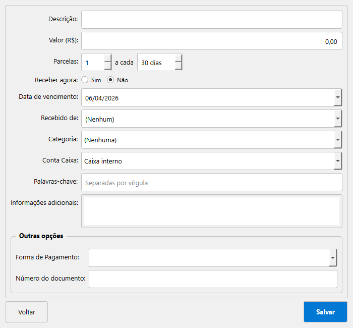 Formulário de Conta a Receber - cadastro com parcelas, categoria e conta caixa